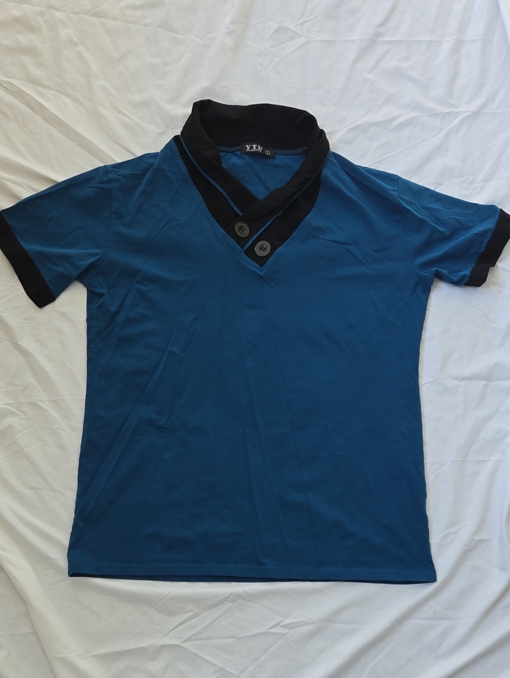 Men Polo Vneck Cool Collared Fake Button TShirt Electric Blue,Black Tones SizeL